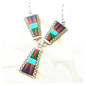 Zuni Vintage Sterling Signed Inlaid Necklace